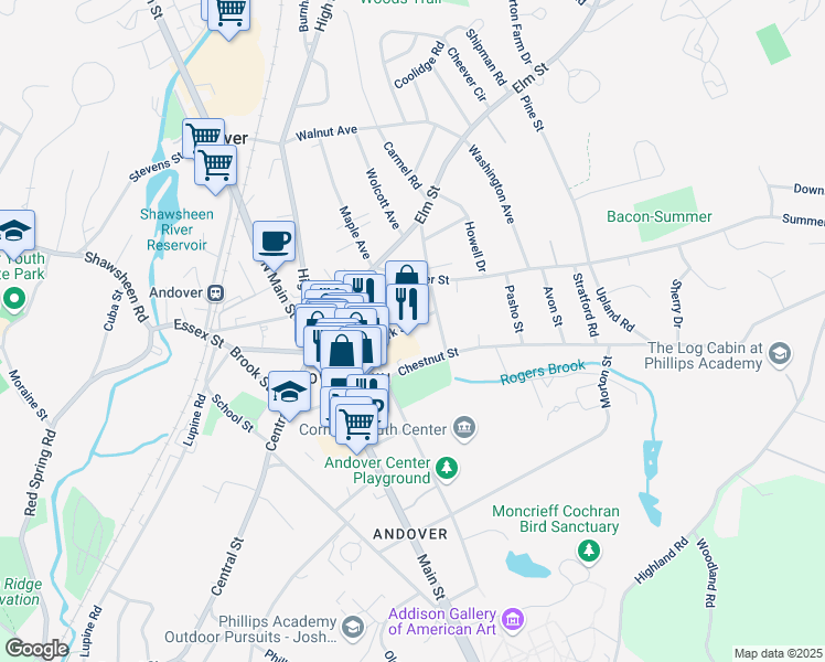 map of restaurants, bars, coffee shops, grocery stores, and more near 63 Park Street in Andover