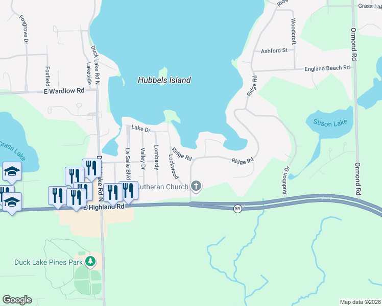 map of restaurants, bars, coffee shops, grocery stores, and more near 3146 East Highland Road in Highland Charter Township