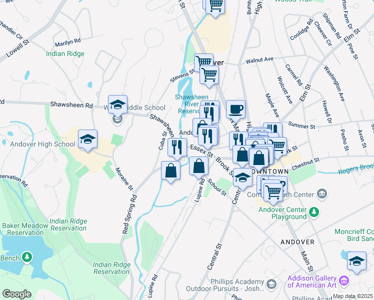 map of restaurants, bars, coffee shops, grocery stores, and more near 82 Essex Street in Andover
