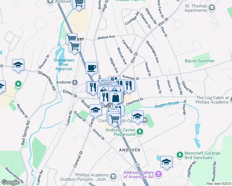map of restaurants, bars, coffee shops, grocery stores, and more near 34 Park Street in Andover