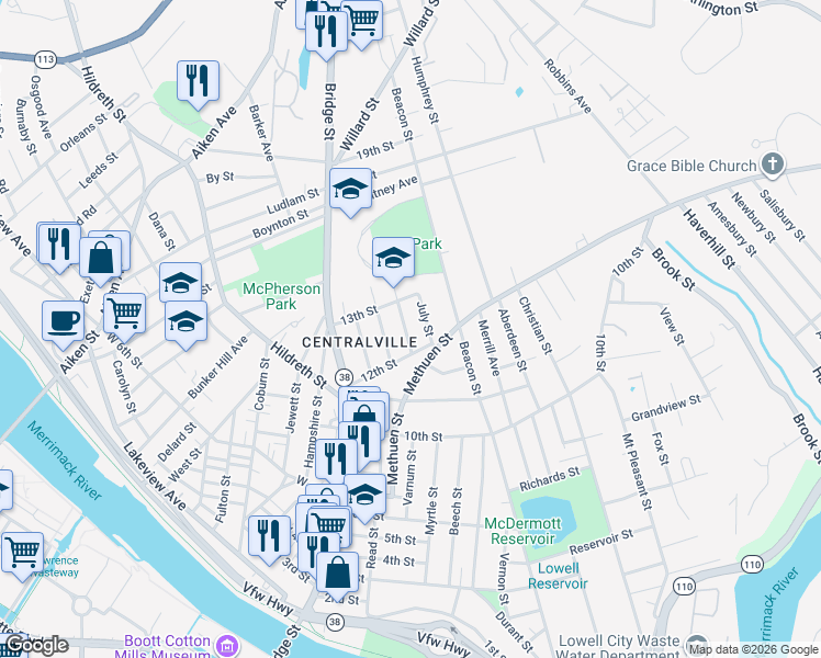 map of restaurants, bars, coffee shops, grocery stores, and more near 29 May Street in Lowell