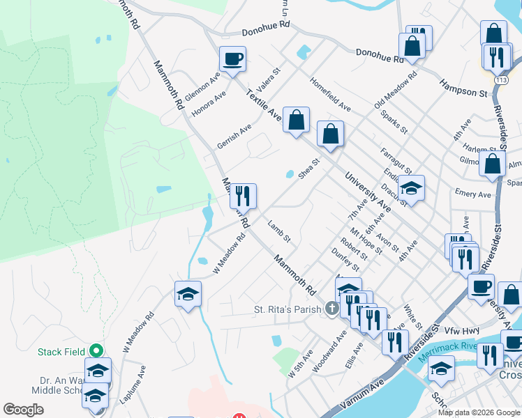 map of restaurants, bars, coffee shops, grocery stores, and more near 51 East Meadow Road in Lowell