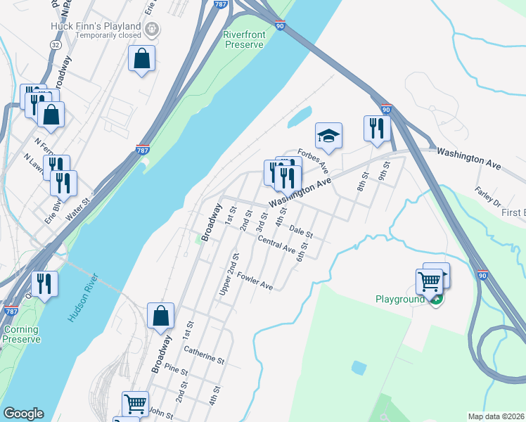 map of restaurants, bars, coffee shops, grocery stores, and more near 1638 3rd Street in Rensselaer