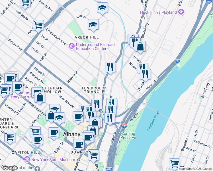 map of restaurants, bars, coffee shops, grocery stores, and more near 776 Broadway in Watervliet