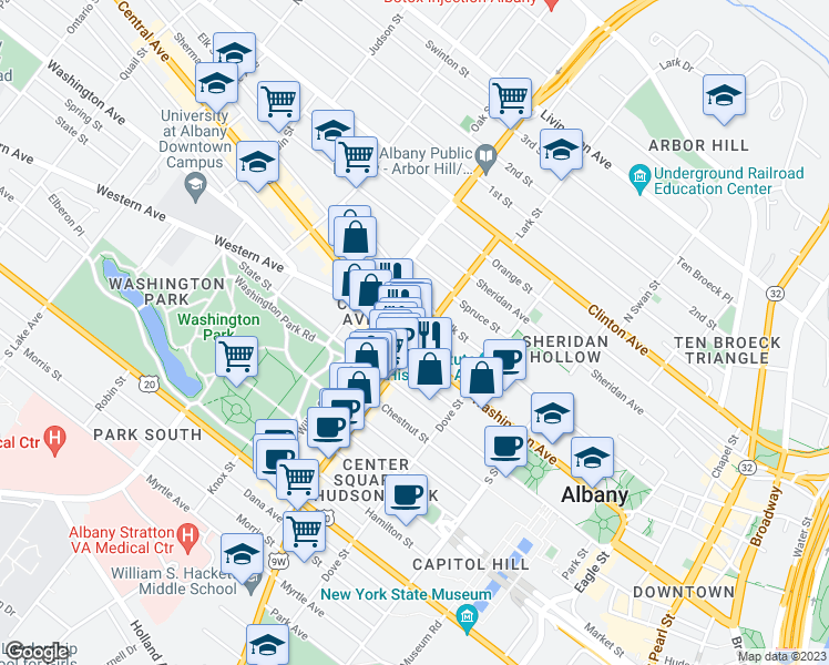 map of restaurants, bars, coffee shops, grocery stores, and more near 171 Washington Avenue in Albany