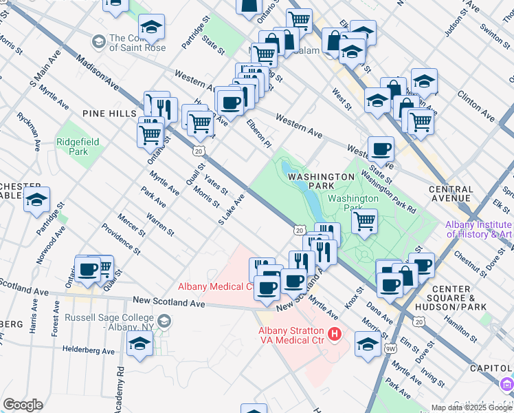 map of restaurants, bars, coffee shops, grocery stores, and more near 277 Morris Street in Albany
