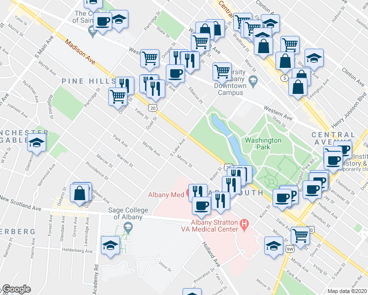 map of restaurants, bars, coffee shops, grocery stores, and more near 277 Morris Street in Albany