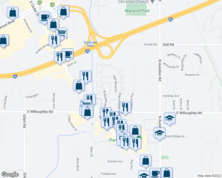 map of restaurants, bars, coffee shops, grocery stores, and more near 1500 Old Mill Lane in Lansing