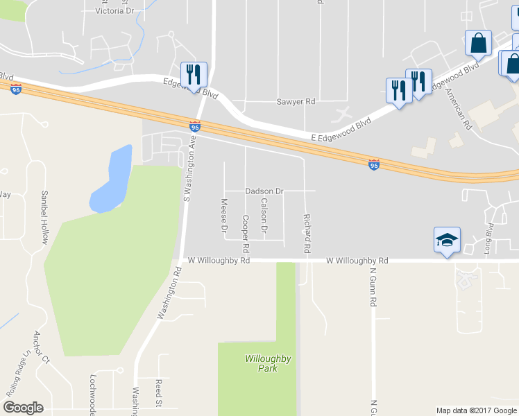 map of restaurants, bars, coffee shops, grocery stores, and more near 6929 Calson Drive in Lansing