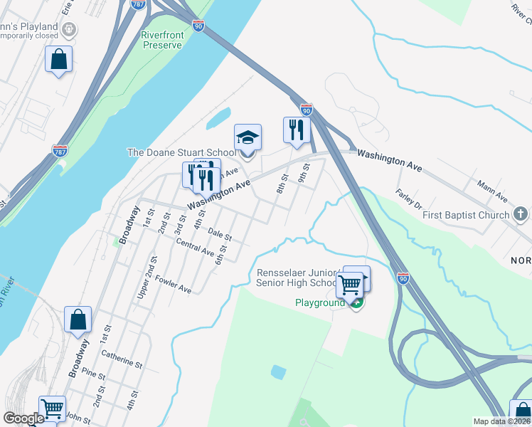 map of restaurants, bars, coffee shops, grocery stores, and more near 1800 7th Street in Rensselaer