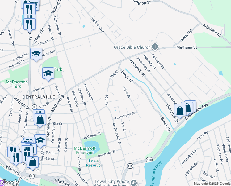 map of restaurants, bars, coffee shops, grocery stores, and more near 14 Brox Road in Dracut