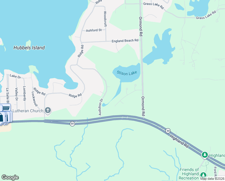 map of restaurants, bars, coffee shops, grocery stores, and more near 136 Audubon Drive in White Lake charter Township