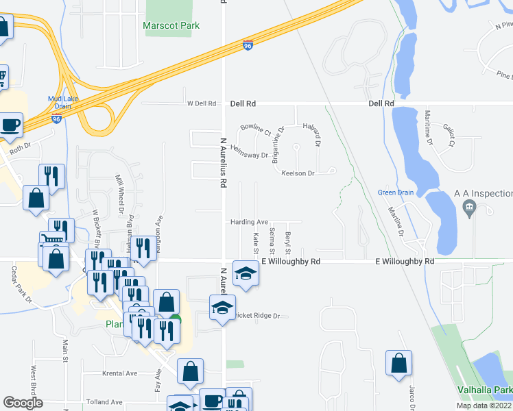 map of restaurants, bars, coffee shops, grocery stores, and more near 2586 Kate Street in Delhi charter Township
