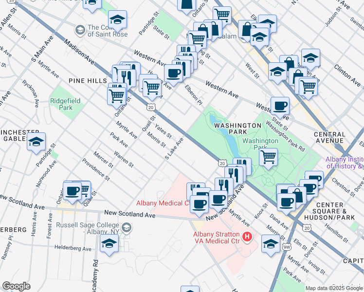 map of restaurants, bars, coffee shops, grocery stores, and more near 277 Morris Street in Albany