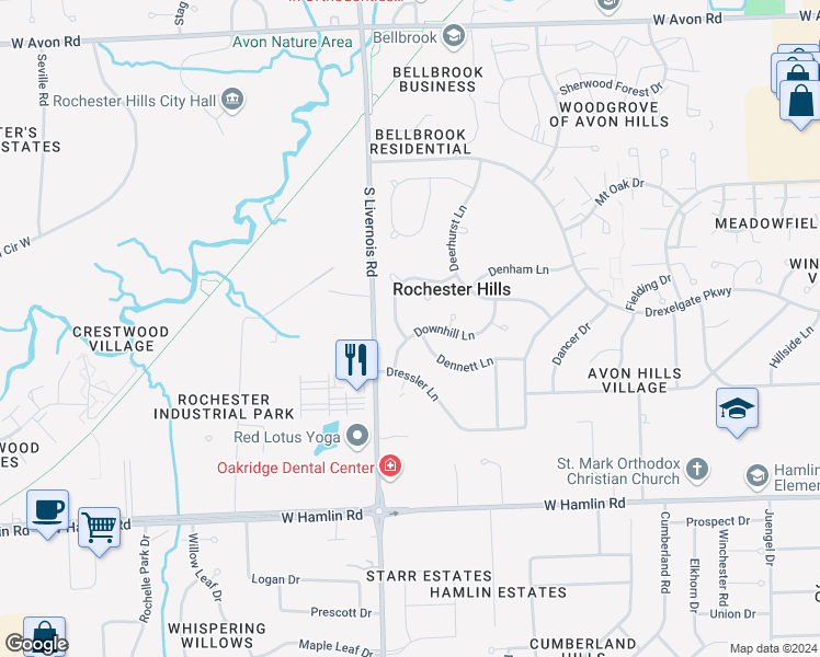 map of restaurants, bars, coffee shops, grocery stores, and more near 960 Downhill Lane in Rochester Hills