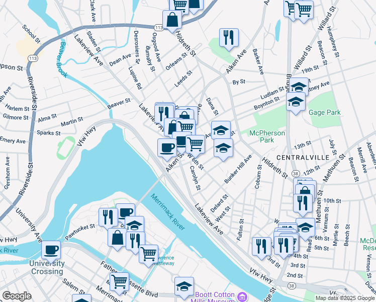 map of restaurants, bars, coffee shops, grocery stores, and more near 84 Ennell Street in Lowell