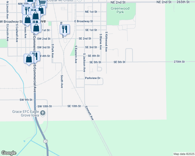 map of restaurants, bars, coffee shops, grocery stores, and more near 70 Parkview Drive in Eagle Grove