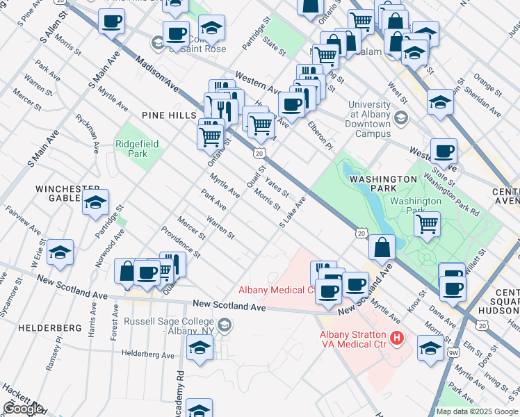 map of restaurants, bars, coffee shops, grocery stores, and more near 558 Myrtle Avenue in Albany