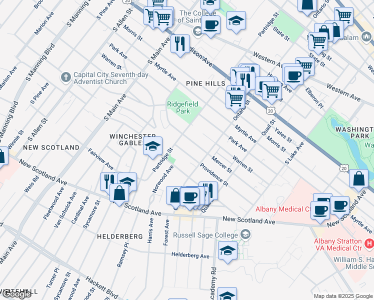 map of restaurants, bars, coffee shops, grocery stores, and more near 682 Providence Street in Albany