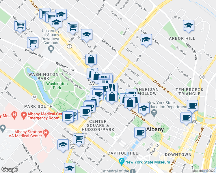 map of restaurants, bars, coffee shops, grocery stores, and more near 171 Washington Avenue in Albany