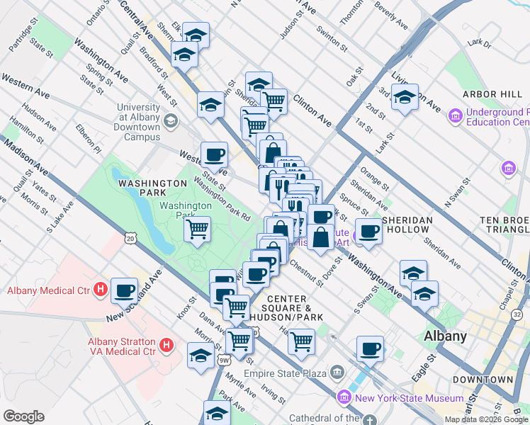 map of restaurants, bars, coffee shops, grocery stores, and more near 90 Spring Street in Albany