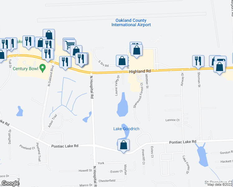 map of restaurants, bars, coffee shops, grocery stores, and more near 1402 Laurel Valley Drive in Waterford Township