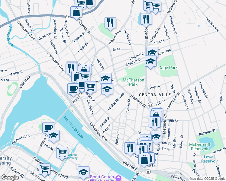 map of restaurants, bars, coffee shops, grocery stores, and more near 68 Homestead Road in Lowell