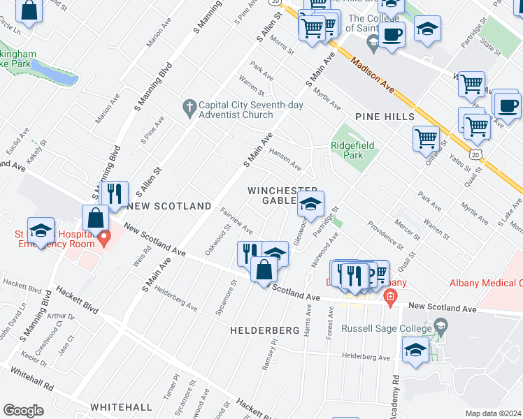 map of restaurants, bars, coffee shops, grocery stores, and more near 7 Barnet Street in Albany