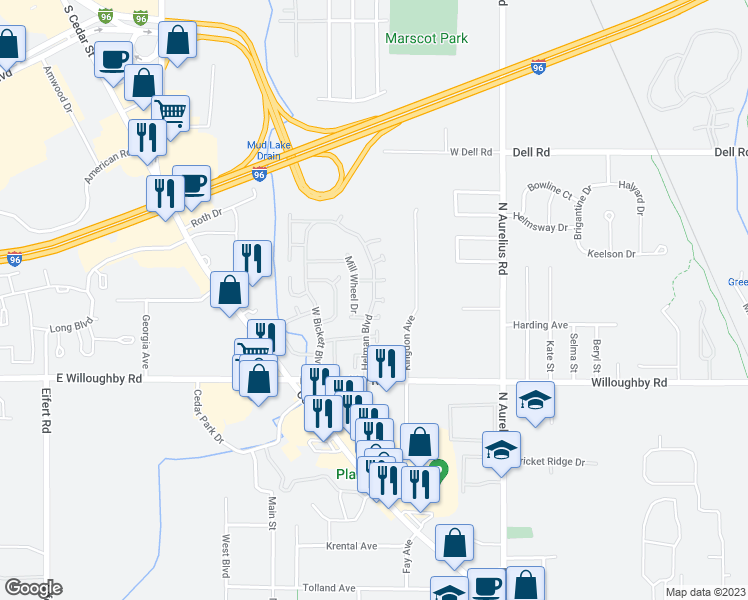 map of restaurants, bars, coffee shops, grocery stores, and more near 1701 Warbler Way in Lansing