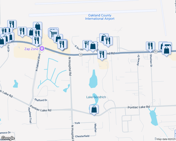 map of restaurants, bars, coffee shops, grocery stores, and more near 1303 Laurel Valley Drive in Waterford Township