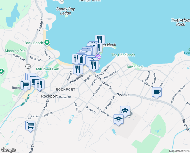 map of restaurants, bars, coffee shops, grocery stores, and more near 2 Gott Street in Rockport