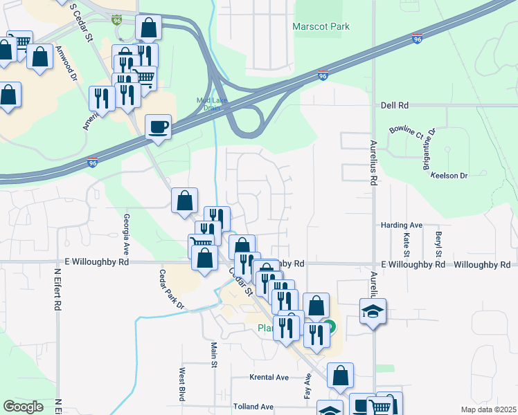 map of restaurants, bars, coffee shops, grocery stores, and more near 1500 Old Mill Lane in Lansing