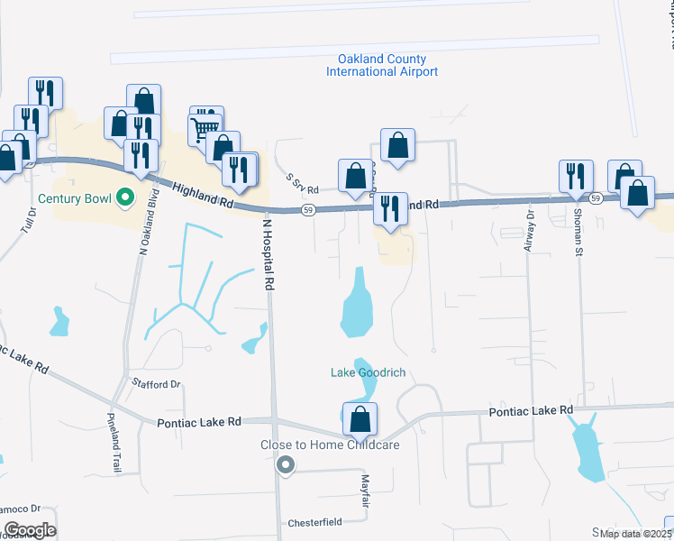 map of restaurants, bars, coffee shops, grocery stores, and more near 1323 Laurel Valley Drive in Waterford Township