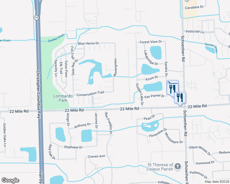 map of restaurants, bars, coffee shops, grocery stores, and more near 49440 Wintergreen in Macomb County