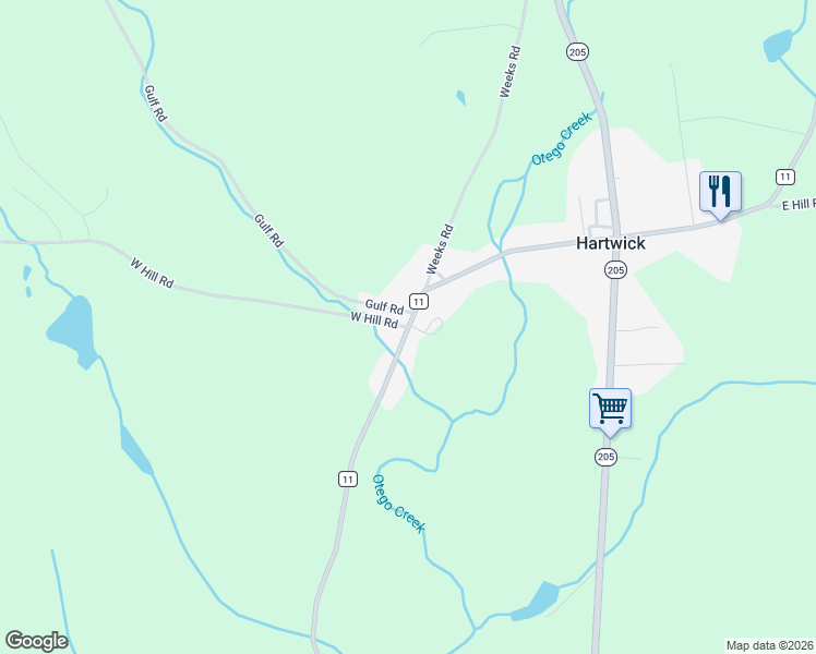 map of restaurants, bars, coffee shops, grocery stores, and more near 101 West Hill Road in Hartwick
