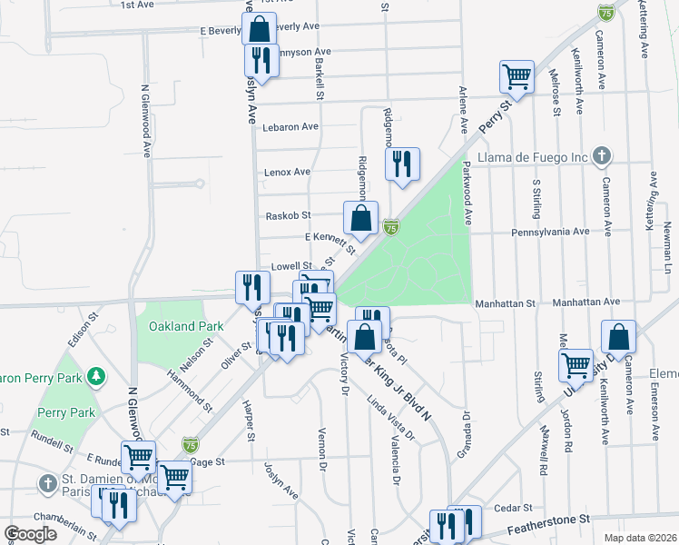 map of restaurants, bars, coffee shops, grocery stores, and more near 917 North Perry Street in Pontiac