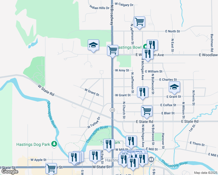 map of restaurants, bars, coffee shops, grocery stores, and more near 925 North Taffee Drive in Hastings