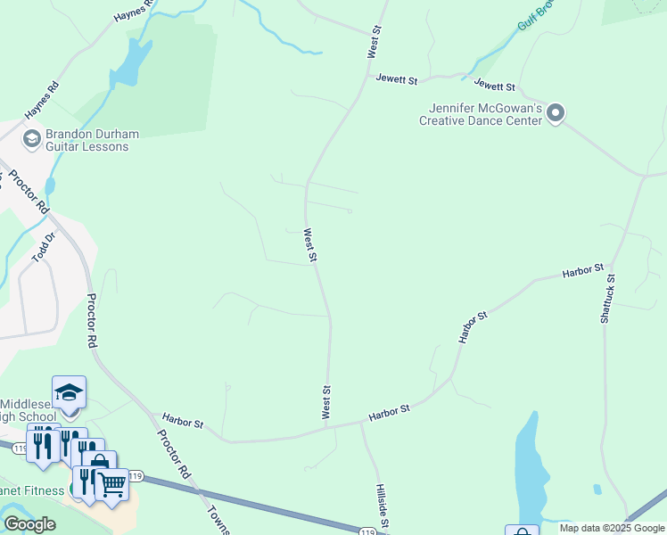 map of restaurants, bars, coffee shops, grocery stores, and more near 23 West Street in Pepperell