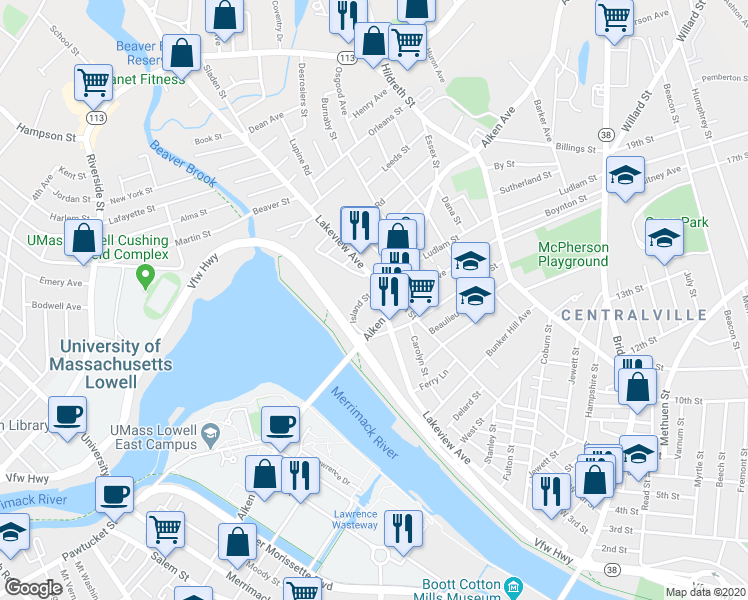 map of restaurants, bars, coffee shops, grocery stores, and more near 748 Lakeview Avenue in Lowell