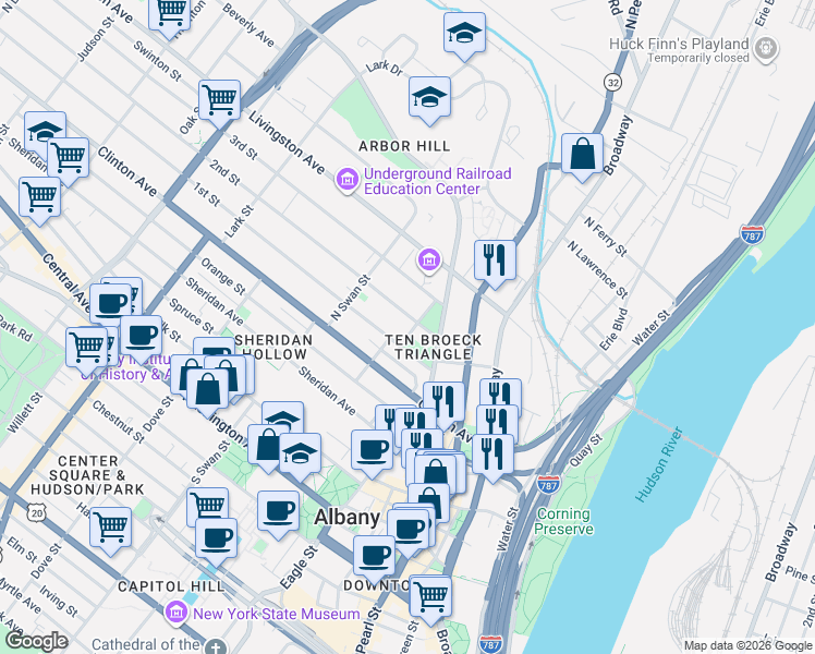 map of restaurants, bars, coffee shops, grocery stores, and more near 8 Saint Joseph's Terrace in Albany