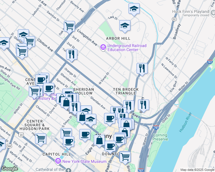 map of restaurants, bars, coffee shops, grocery stores, and more near 52 1st Street in Albany