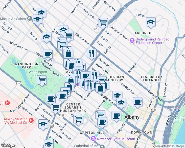 map of restaurants, bars, coffee shops, grocery stores, and more near 169 Elk Street in Albany
