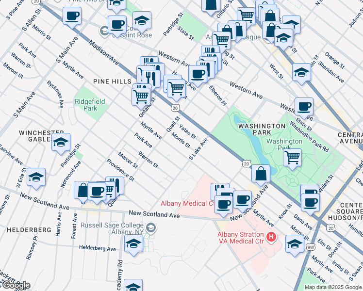 map of restaurants, bars, coffee shops, grocery stores, and more near 558 Myrtle Avenue in Albany
