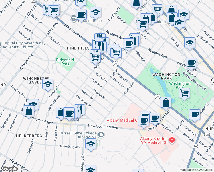 map of restaurants, bars, coffee shops, grocery stores, and more near 310 Quail Street in Albany