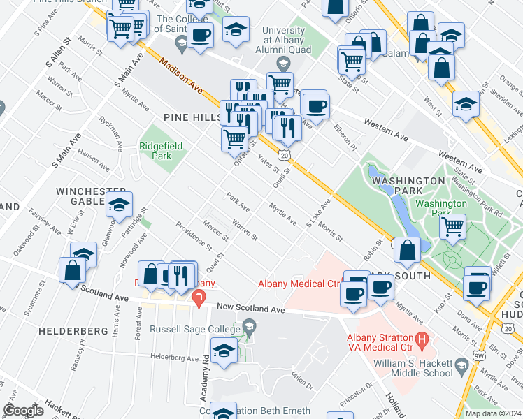 map of restaurants, bars, coffee shops, grocery stores, and more near 310 Quail Street in Albany