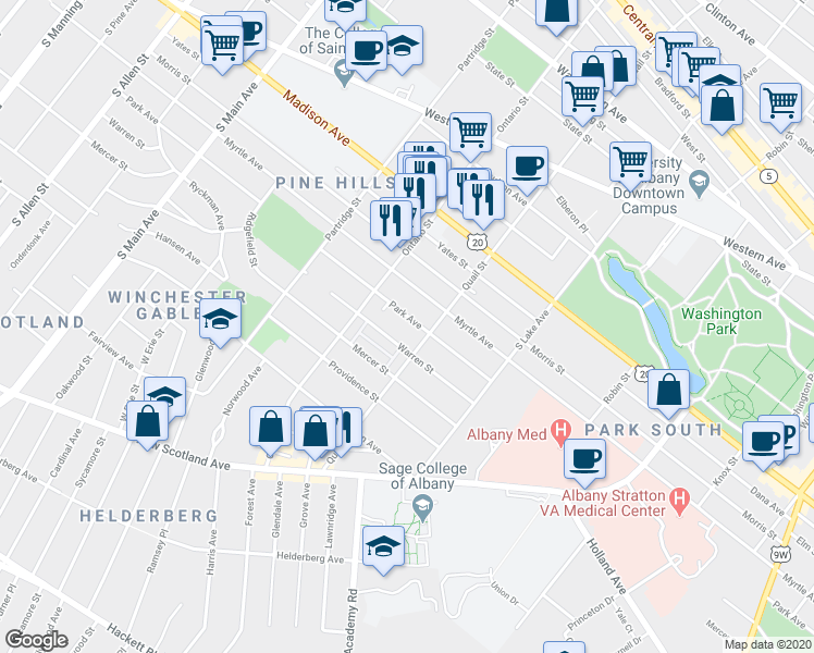 map of restaurants, bars, coffee shops, grocery stores, and more near 593 Warren Street in Albany