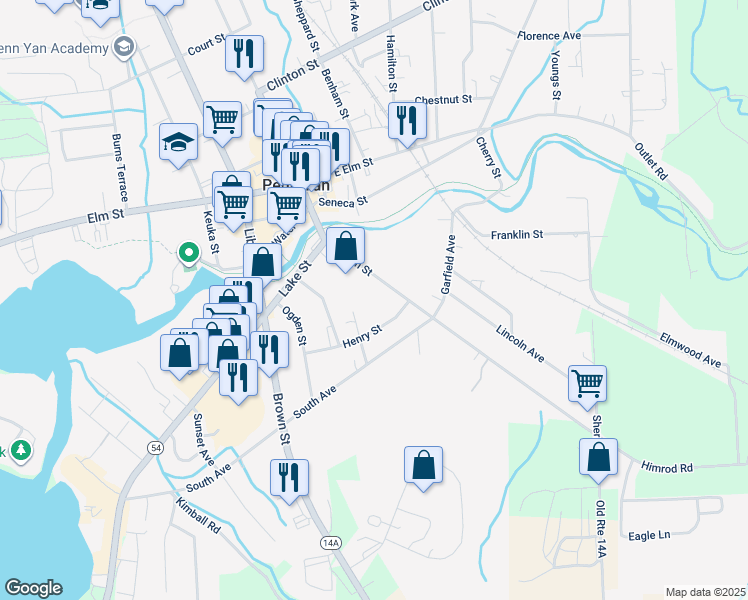 map of restaurants, bars, coffee shops, grocery stores, and more near 111 Henry Street in Penn Yan