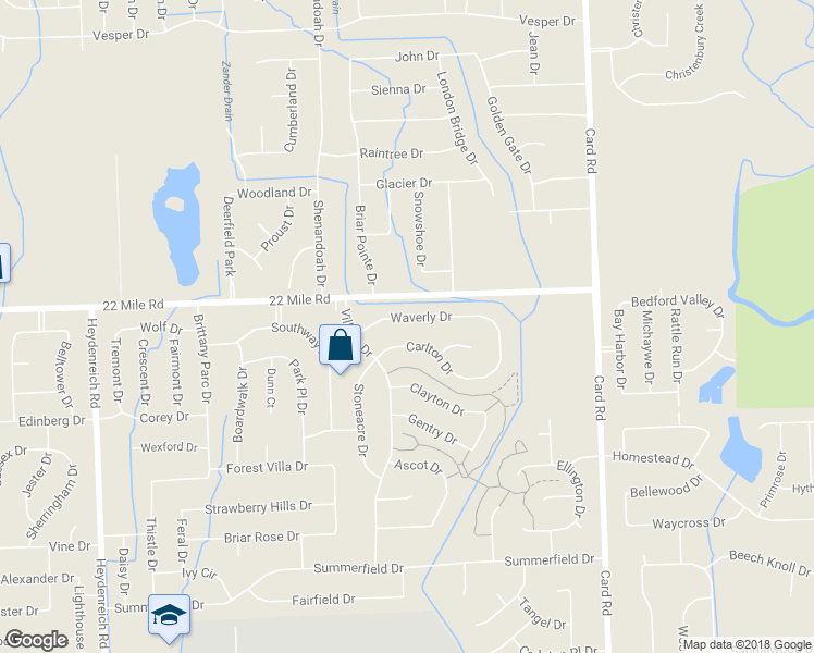 map of restaurants, bars, coffee shops, grocery stores, and more near 21366 Waverly Drive in Macomb