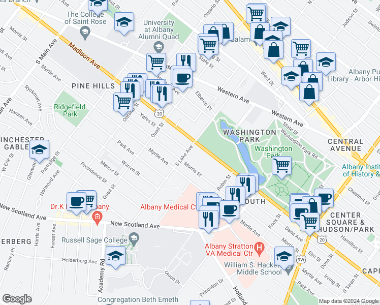 map of restaurants, bars, coffee shops, grocery stores, and more near 102 South Lake Avenue in Albany