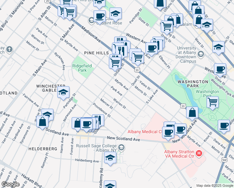 map of restaurants, bars, coffee shops, grocery stores, and more near 593 Warren Street in Albany